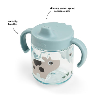 Vaso con boquilla de aprendizaje 2 asas Tiny farm Azul