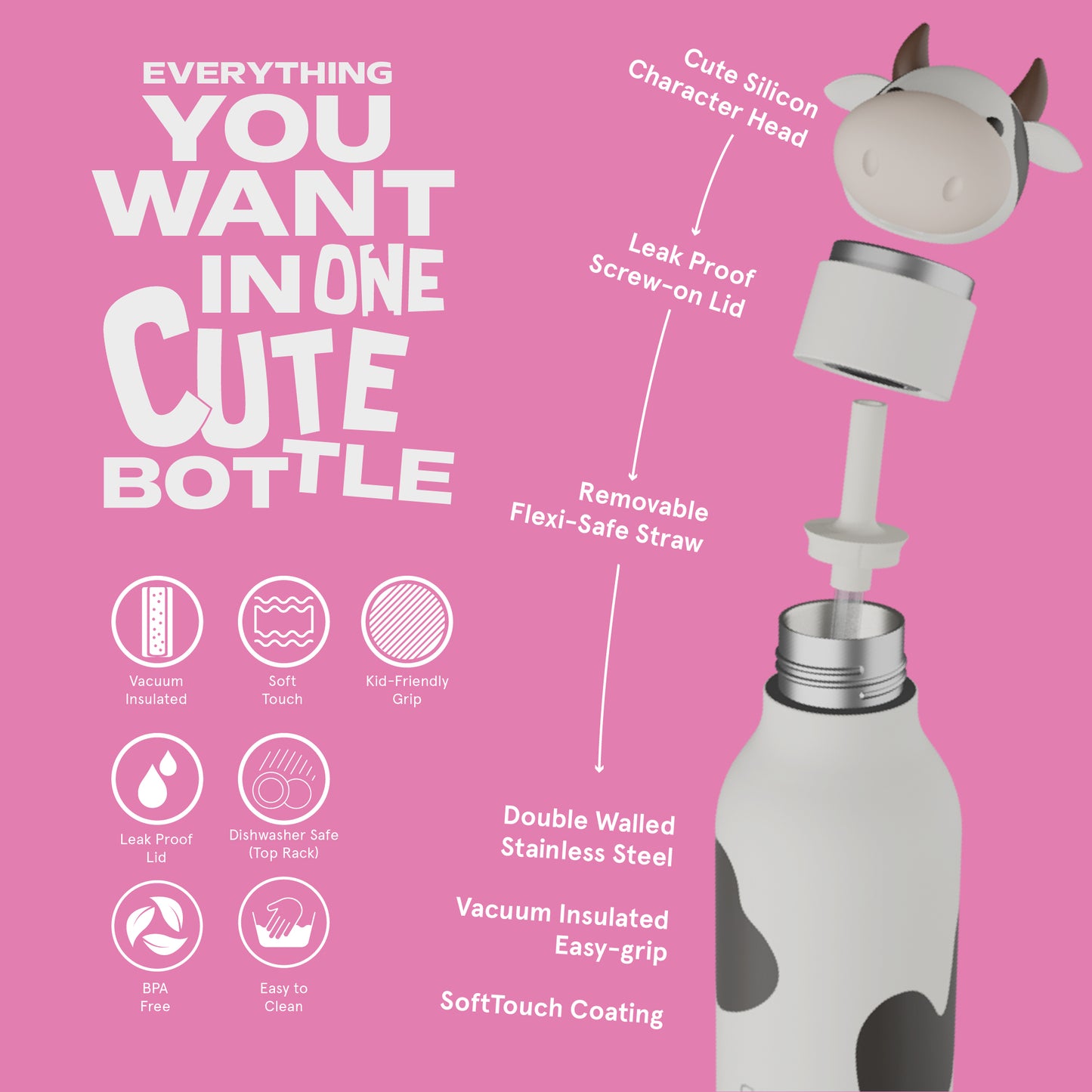 Botella térmica de acero inoxidable Asobu Besties vaca 475 ml