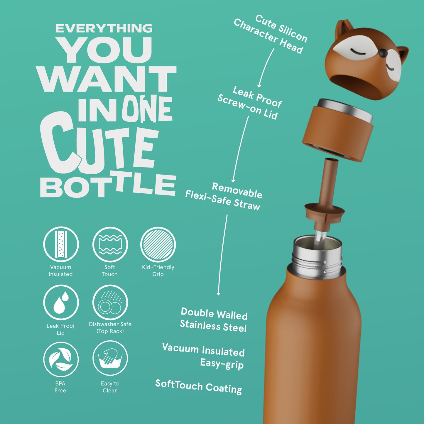 Botella térmica de acero inoxidable Asobu Besties Zorro 475 ml