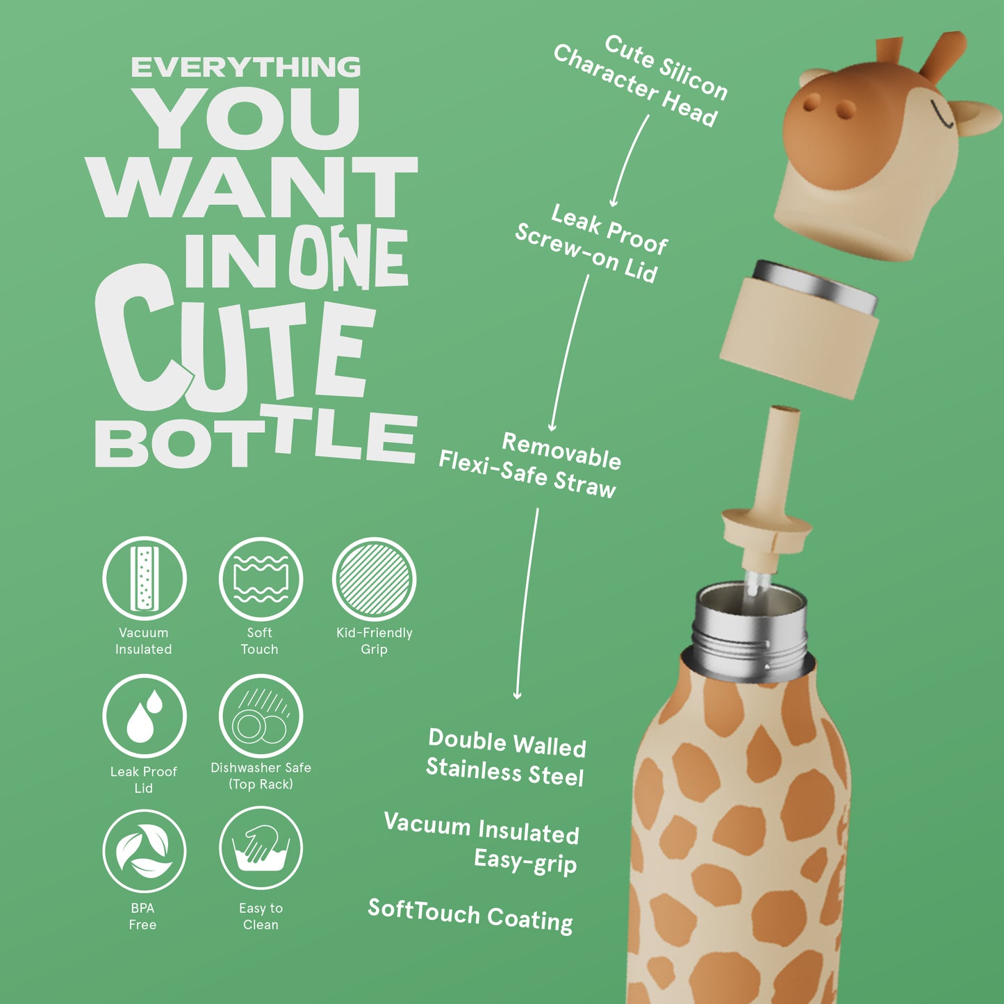 Botella térmica de acero inoxidable Asobu Besties jirafa 475 ml