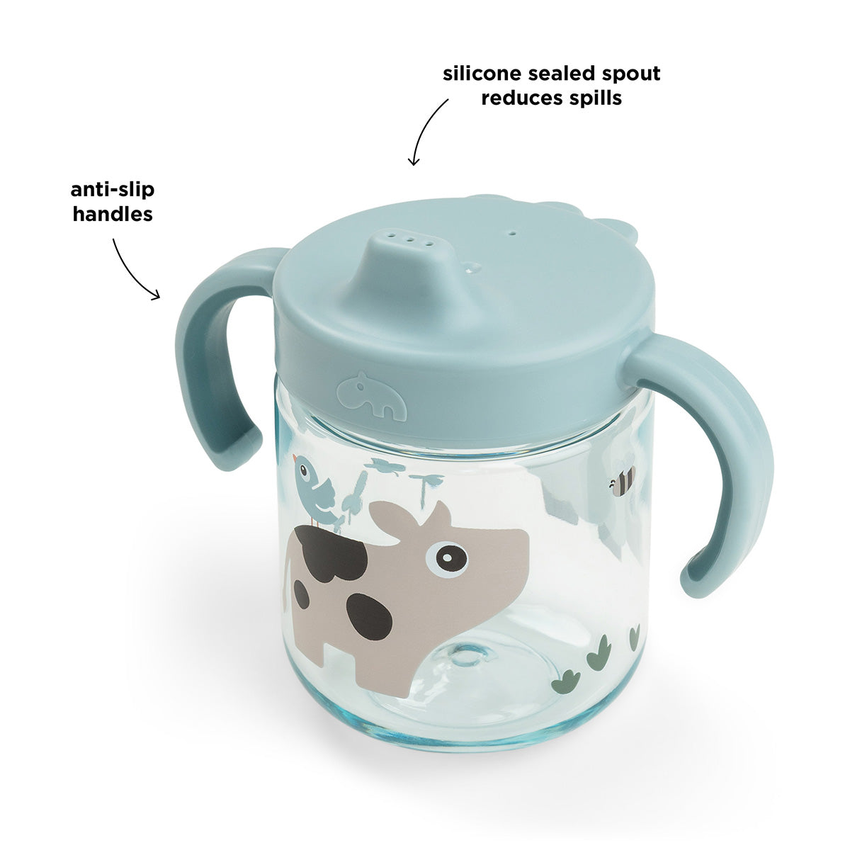 Vaso con boquilla de aprendizaje 2 asas Tiny farm Azul