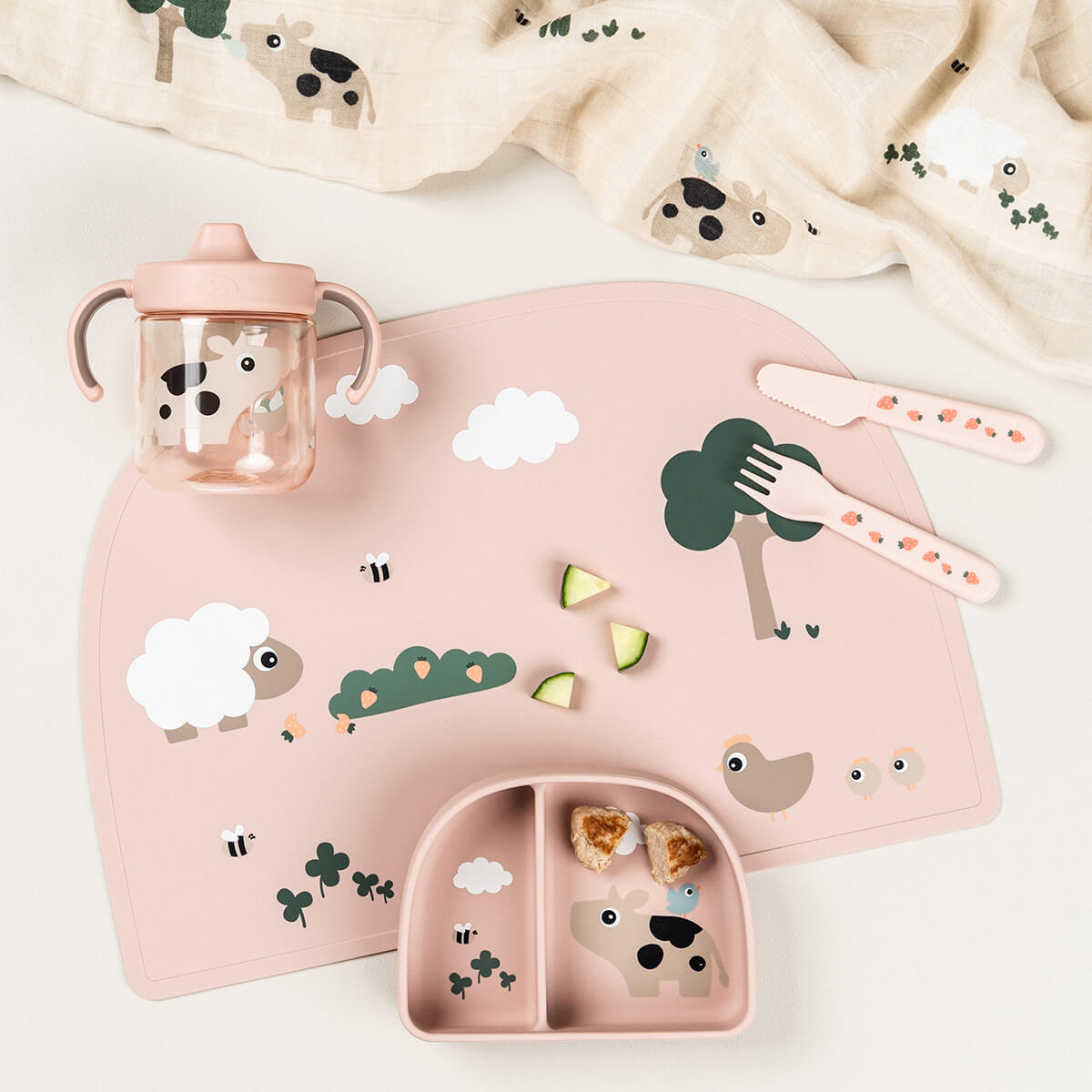 Vaso con boquilla de aprendizaje 2 asas Tiny farm Rosa