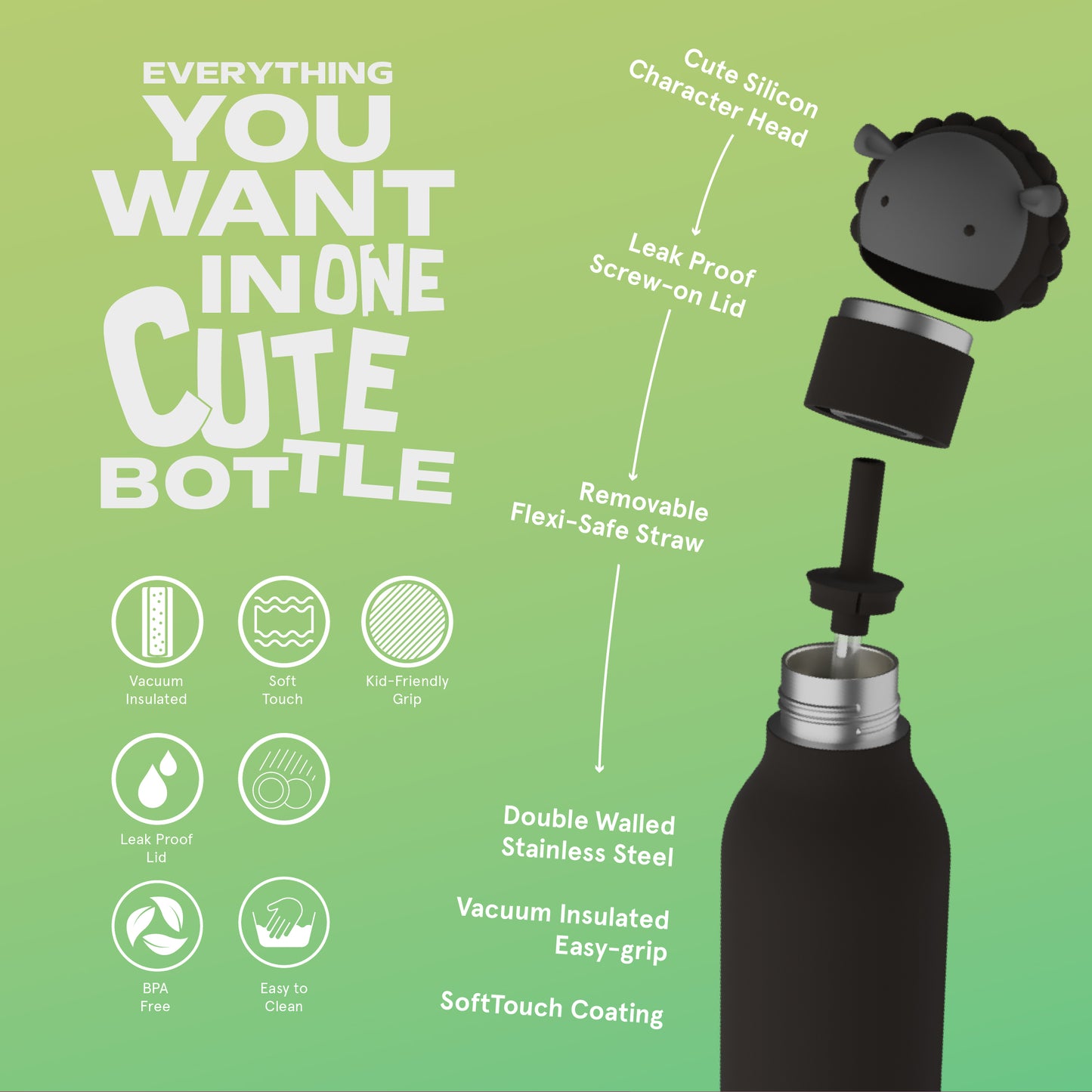 Botella térmica de acero inoxidable Asobu Besties oveja negra 475 ml