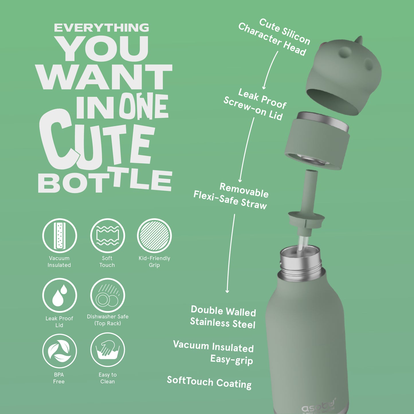 Botella térmica de acero inoxidable Asobu Besties dinosaurio 475 ml