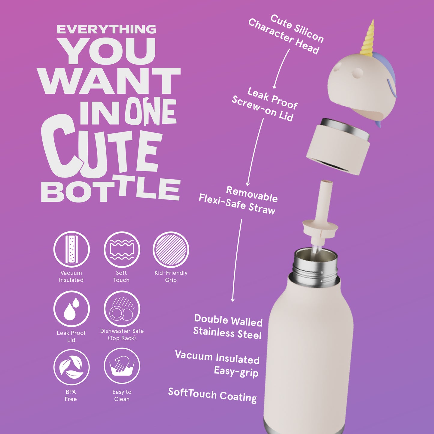 Botella térmica de acero inoxidable Asobu Besties unicornio 475 ml